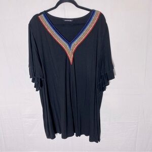 5/$25 Bloomchic Black With Rainbow Trim V Neck Short Sleeve Blouse 28